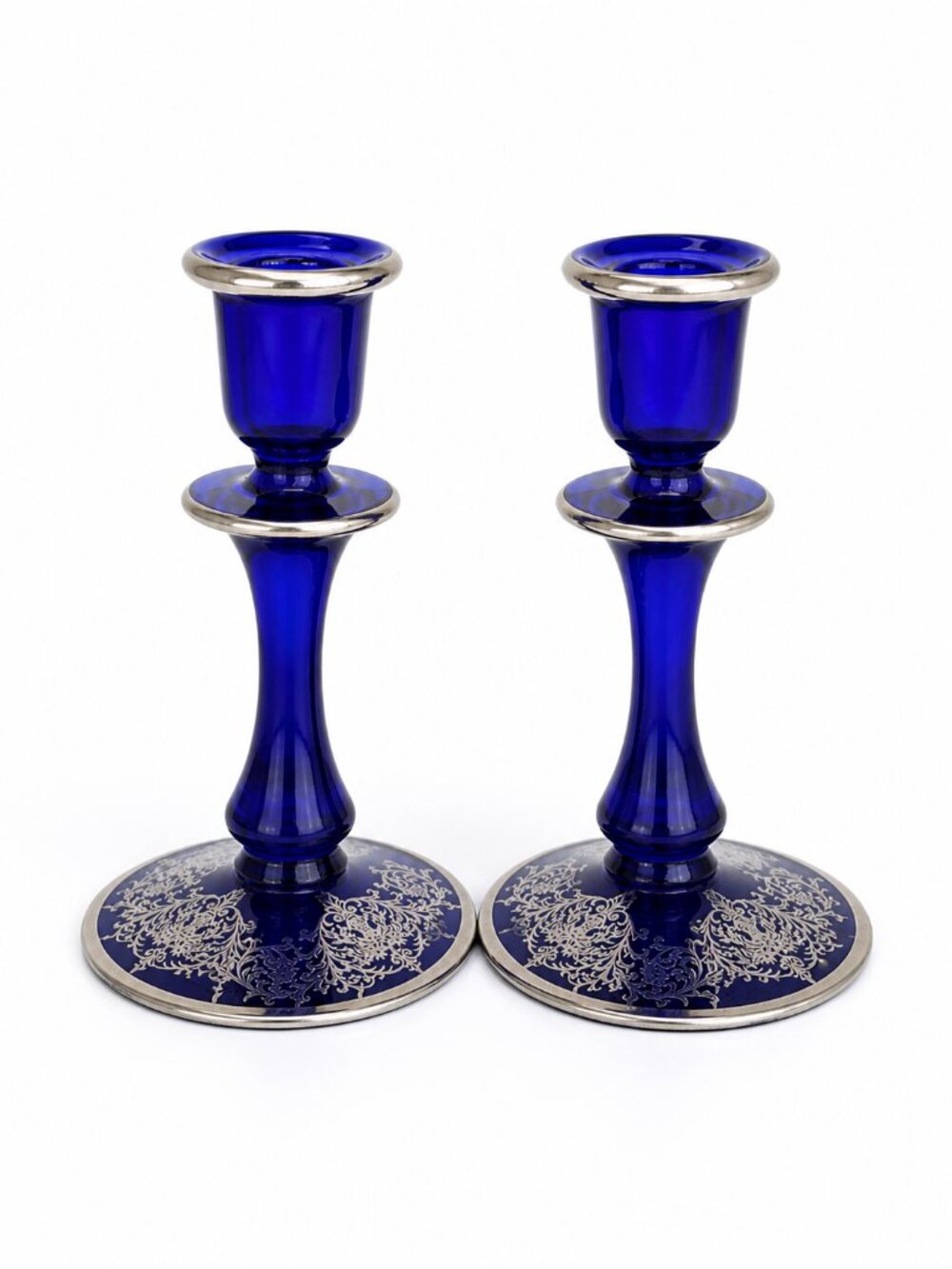 Vintage Cobalt Blue Glass Candlesticks Pair | Etched Floral Bases